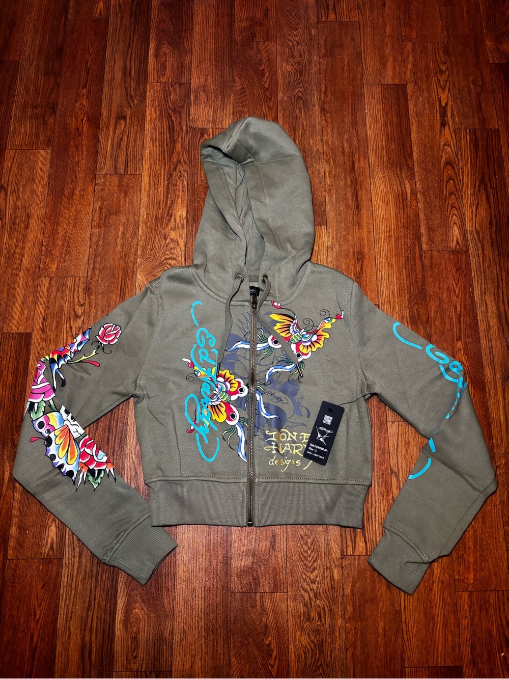 Ed Hardy Olive Green Cropped Zip Hoodie with Multicolor Tattoo Graphics